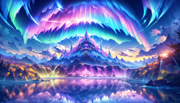  paradise,  colorful, Dreamy Fantasy Scenery ,Extremely Coloured Scenery, cloud, light piercing through the cloud,  Magnificent and Majestic Scenery  ,  shot with a fisheye lens  , Large planets and auroras are visible in the sky, Multiple beautiful waterf...