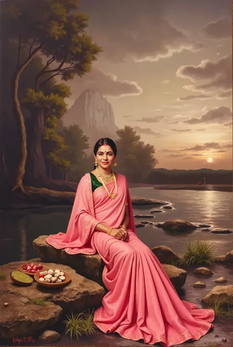 painting of a woman in a pink sari sitting on a rock, an oil on canvas painting inspired by Raja Ravi Varma, cg society contest winner, hyperrealism, dressed in a sari, traditional beauty, realism art, classic portrait, hindu aesthetic, in style of old pai...