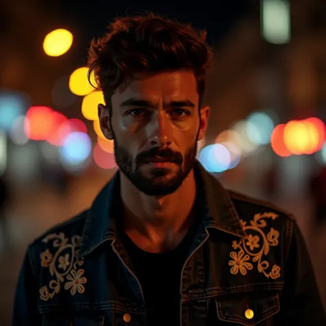 A cinematic portrait photograph of a young man, introspective expression, captured in a low-light, outdoor setting at night. His medium skin tone is accentuated by the warm, golden lighting that highlights his facial features, while the surrounding environ...