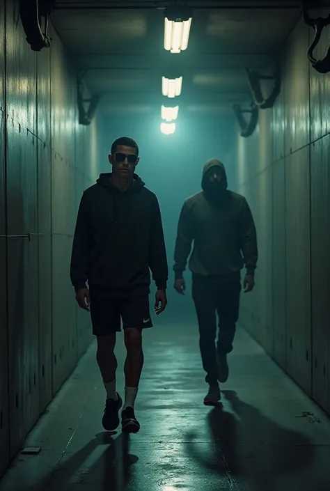 A dimly lit underground gym. Ronaldo, wearing sunglasses and a hoodie, sneaks in. Messi, also in disguise, is already waiting.