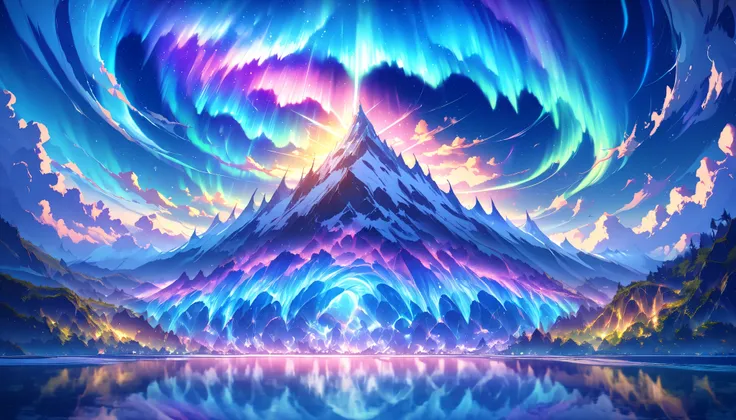paradise, colorful, Dreamy Fantasy Scenery ,Extremely Coloured Scenery, cloud, light piercing through the cloud, Magnificent and Majestic Scenery , shot with a fisheye lens , Large planets and auroras are visible in the sky, Multiple beautiful waterf...