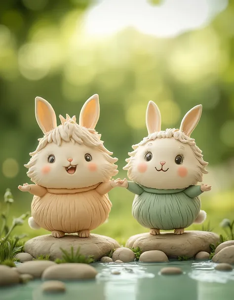 Image of a cute creatures, their body is like a fluffy fur ball, bright colour yet soft tone, tiny hands and legs, big eyes, ears like a rabbit, cute large smile, tail like a bunny. They are hopping on stones after one another crossing the river , and each...