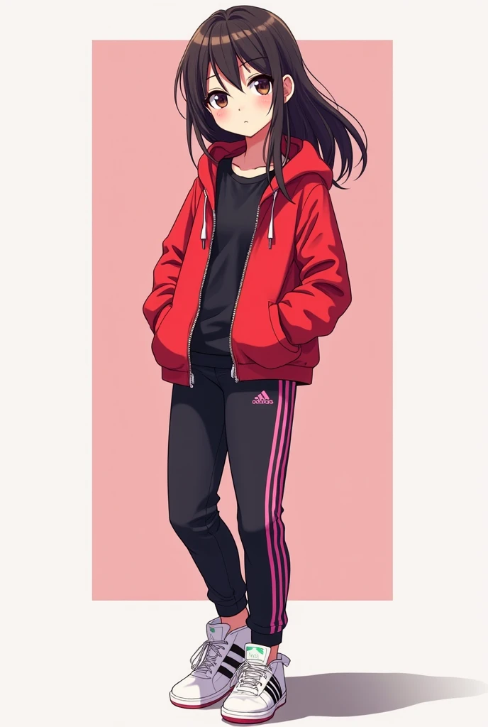 Anime girl is wearing red long sleeved adidas hoodie without zipper with black shirt and black adidas long pants with pink three stripes and white adidas sneakers