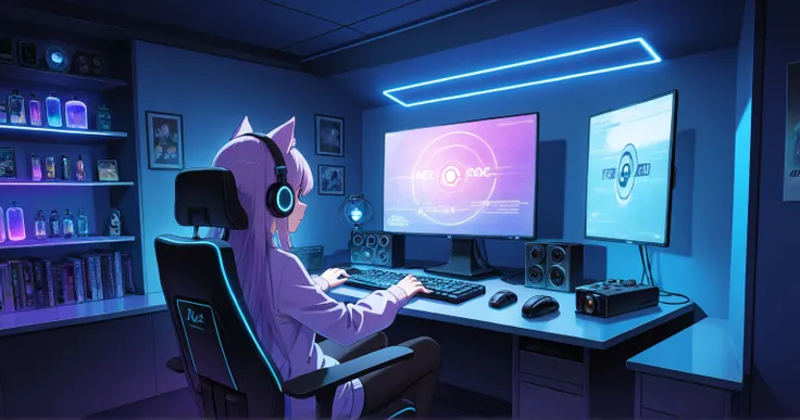  A bright and bright gamer room , designed for streaming . in the center,  a large PC setup with three curved monitors showing video game and anime graphics .  An RGB mechanical keyboard and a gaming mouse rest on a glass desk with LED lights in neon tones...