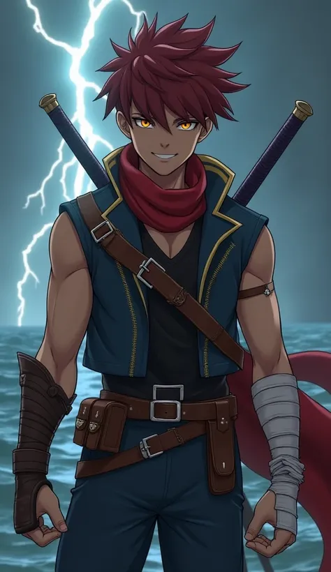 Young male warrior, spiky dark red hair, sharp amber eyes, lean athletic build, high-collared dark blue jacket, golden accents, black sleeveless shirt, white bandaged arms, flowing red scarf, worn sword strapped diagonally on back, navy-blue pants, brown c...