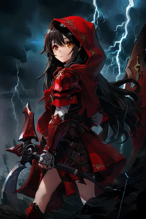  top quality,   ultra high resolution, anime style,(( girl)), battle axe that wears lightning、 semi-long black hair, brown eyes, Little Red Riding Hood,A costume that looks like a white and red armor