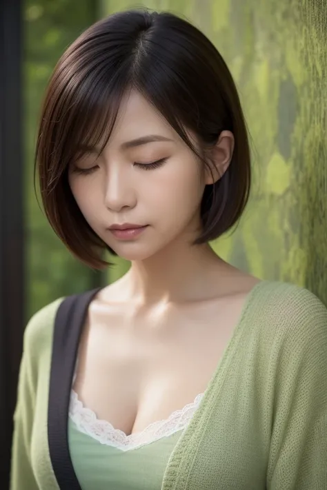  one woman( Japanese Wife ), (50 years old), (body type), (detailed clothing:1.2), (accessories:1.1), (facial features:1.3), (expression:1.2), (pose:1.2),  (detailed skin texture:1.2),   looking at me quietly 、 shot from a slightly lower angle ,  (short da...