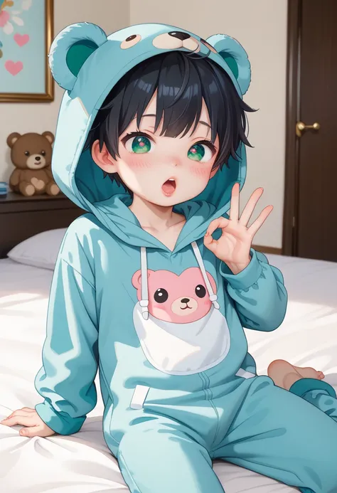 comic style, cute boy from the comic anime , black hair , green eyes, slightly blushed, is a primary school boy , clothes Baby, bear onesie , beautiful face, big eyes , cartoon style , boy size shota , slim body, room, erotic photo, young age, Aeghao, hear...