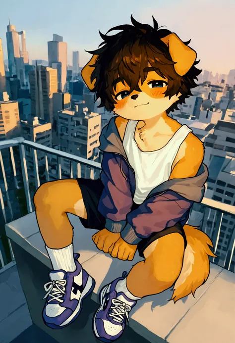 source_ furry, furry male,elementary school students,((boy )),Dog boy ,short hair,masterpiece, newest,absurdres, incredibly absurdres,short hair, messy hair, blush, light smile, head tilt,White Socks, sneakers, upper body, tank top, sitting on the ledg...