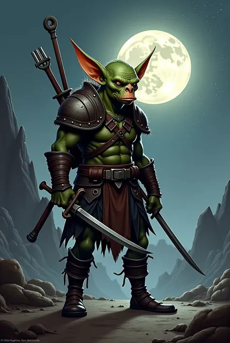 Scene Description: A gigachad goblin ranger stands in a desolate wasteland at midnight, under the glow of a full moon. He is lean, agile, and exudes confidence, with sharp, cunning features. His leather armor is rugged and practical, adorned with straps an...