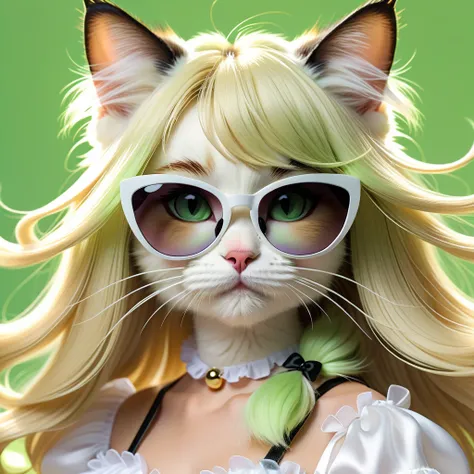  close-up photos of cats in white dresses ,  cute cat girl , artificial cat , Female cats with personality ,  fluffy digital art with black sunglasses, an artificial cat ,  furry fantasy art, beautiful young cat ears girl,  long hair,ブロンドの long hair, blond...