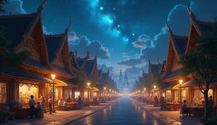 The night sky and below is a Thai-style city. Fantasy style, long continuous image.