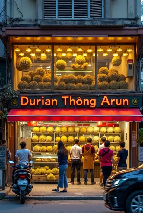 A large shop on the street, a luxury, modern shop, the width of a 6met store, the height of a 4met store, decorated with a beautiful shop. Above the shop, decorated with yellow lights, only durian meat was placed in a glass cabinet in front of the store. T...