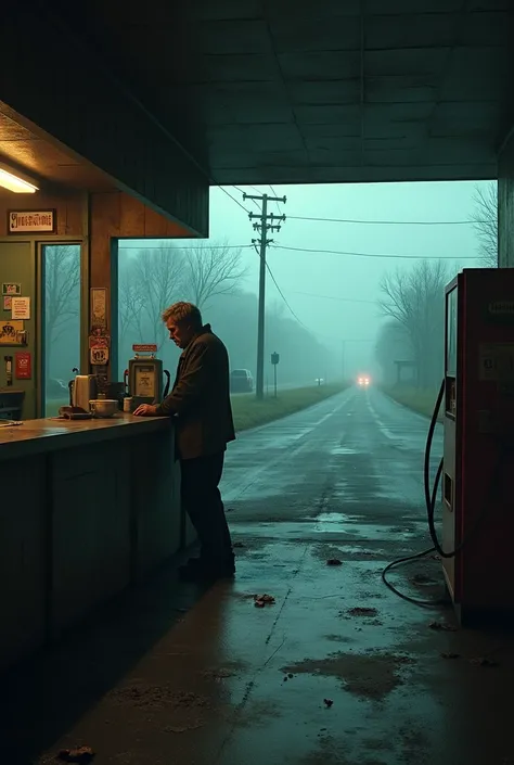  Create the image of a dark and macabre roadside gas station.  The image must be from inside the convenience store ,  showing some of the gas station outside and the macabre road. Make a big picture, 1080x 1920 pixels , in high quality.