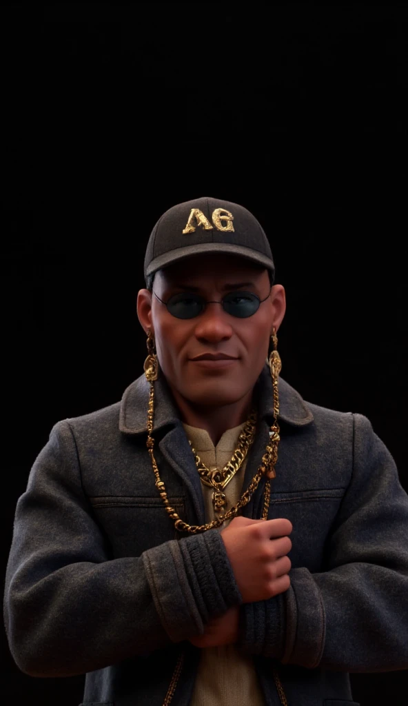 Miniature of a Black Gangster Man. rapper, negro, barbarian, cap,  sunglasses , serious face,  gold strings , gold teeth.  high quality, Pixar-style miniature, 16k.  dark background for cut-out  [Photograph showing from the knee to the head]