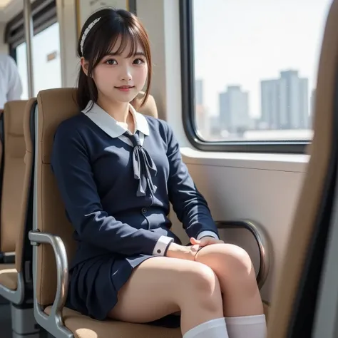  super realistic,   It's a realistic depiction of a Japanese high school girl sitting in a train seat .  she wears a traditional school uniform ,   including a navy blue blazer  ,  white shirt,  pleated skirt,   and a properly tied ribbon or ribbon 、 smile...