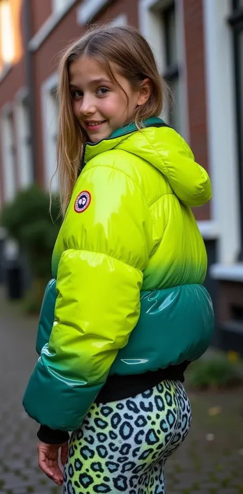 Backside diagonally photo from side behind of a sweaty hot wet cute beautiful darkblonde furtuned dutch spanish italia young posing age femboy wearing neongreen canada-goose shiny pvc puffy cropped short puffer jacket, very short shiny neonyellow Big luxur...