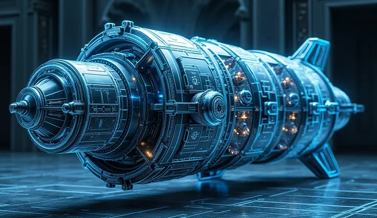 A futuristic digital blueprint of an atomic bomb.