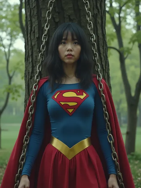 live-action、 real engine 、
 A Japanese supergirl is wearing a supergirl costume
(((  Supergirl's torso, hands, and legs are tied to a tree with large chains ))), Supergirl is sweaty
Supergirl has an S emblem on her chest 、 long-sleeved costume that extends...