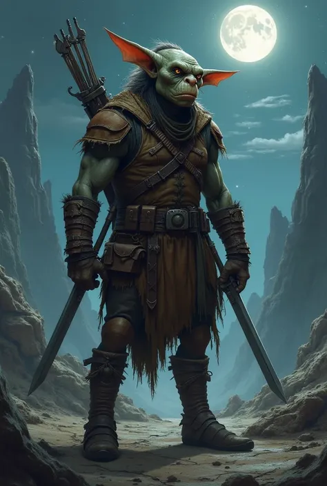 Scene Description: A gigachad goblin ranger stands in a desolate wasteland at midnight, under the glow of a full moon. He is lean, agile, and exudes confidence, with sharp, cunning features. His leather armor is rugged and practical, adorned with straps an...