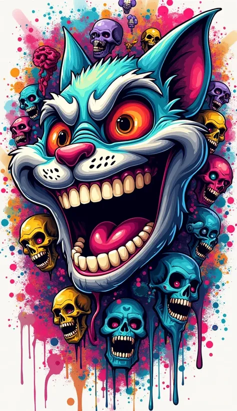 vector art,  graffiti in full color illustration,  bright colors , neon colors, Many skulls, smiles , eyes, cheshire , With a very big mouth smiling ,  high detail, white background , chaos, craziness