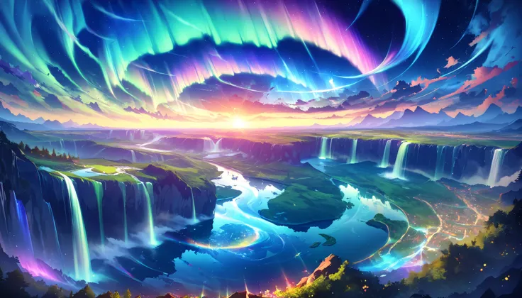 paradise, colorful,A dreamy fantasy landscape,Extremely Coloured Scenery, cloud, light piercing through the cloud,Spectacular and majestic views, shot with a fisheye lens , Large planets and auroras are visible in the sky,Multiple beautiful waterfalls,Wate...
