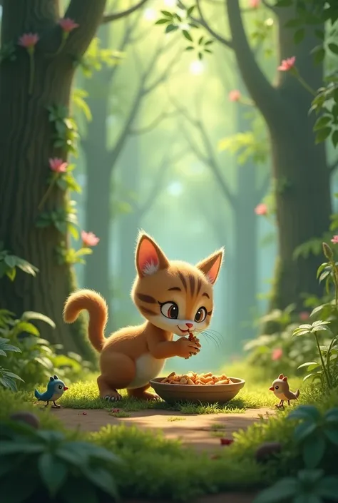 Make an animated vidio of a cat eating in the forest