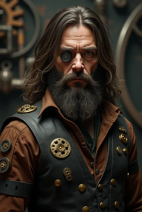 Un homme aux cheveux longs brun et à la barbe, avec son œil droit bionique, habillé d'une chemise et d'un gilet en cuir marron dans un style steampunk