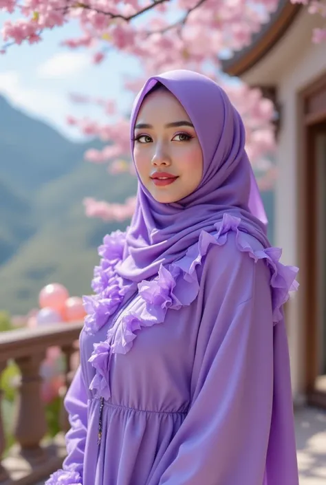 Fantasy photo close up A beautiful young muslim asian lady kinda chubby young wears bright purple hijab wear ruffled bright purple fancy dress,   looking at the camera camera standing still with a little quiet smile, Under the cherry blossom tree on the ou...