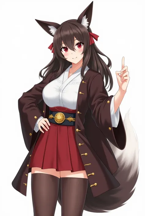 Akagi, azur lane, Detailed design, Pointy fox ears, nine tails,  long dark brown hair ,  crimson red eyes, dark brown wide-sleeve robe,  white blouse,  belt with an emblem,  yellow ornaments , red ornaments, red miniskirt, dark brown tights