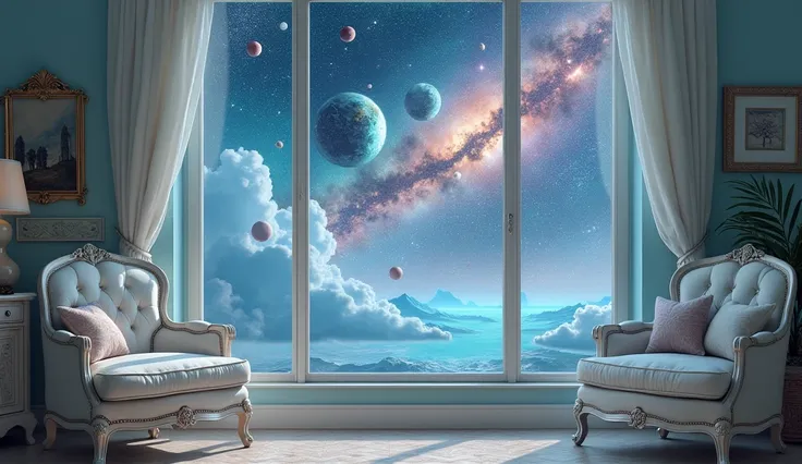 (( top quality)), (( Masterpiece)), (  Details), 洋室の窓から見えるuniverse、antique white furniture 、universe、planet、Sparkle、The stars are colorful、 pastel、 fantasy、背景はuniverse、Milky Way、Mysterious、Mercury、Floating、ターコイズブルーのuniverse



