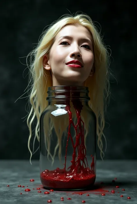 a blonde woman s severed head placed on a jar