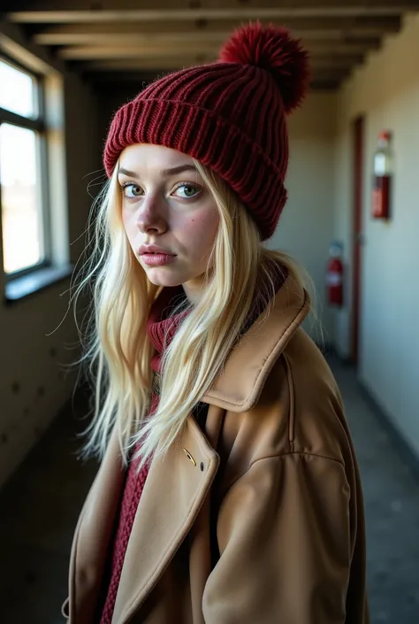 analog raw photo of cute tween Fashion model, photo shoot in a basement , beautiful Icelandic girl, innocent detailes eyes, uncombed blodne hair, thick, fit, lean, slender, nubile, detailed cute face, natural lighting, perfect lips, symmetrical face, young...