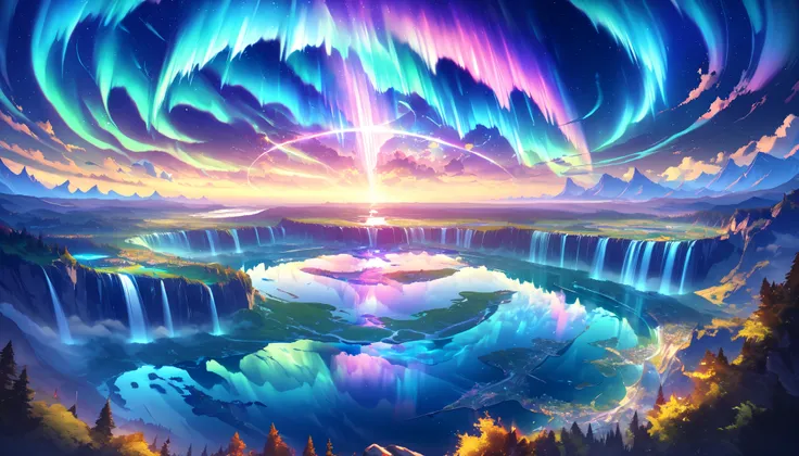 paradise, colorful,A dreamy fantasy landscape,Extremely Coloured Scenery, cloud, light piercing through the cloud,Spectacular and majestic views, shot with a fisheye lens , Large planets and auroras are visible in the sky,Multiple beautiful waterfalls,Wate...