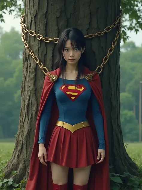 live-action、 real engine 、
 A Japanese supergirl is wearing a supergirl costume、 Hair
((( Supergirl's torso, hands, and legs are tied to a giant tree with large chains))), Supergirl is sweaty
Supergirl has an S emblem on her chest 、 long-sleeved costume th...