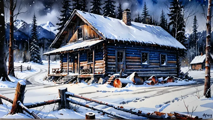 (watercolor landscape style :1.2),  stunning oil painting of an old, rotten log cabin on the side of the road in Alaska in winter, lots of snow,  snowing, (amazing (Dark blue)  and white colors :1.2),  depth of field,  masterpiece of art ,  high quality, 3...