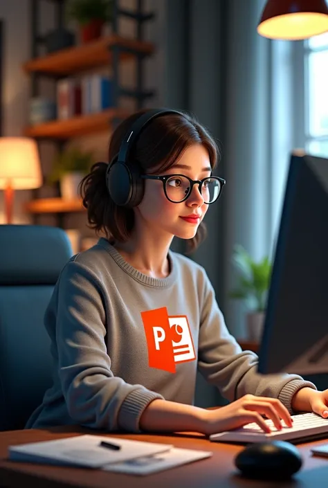 I want a girl to wear a sweater with the power point logo and wear glasses and headphones and work on the computer 