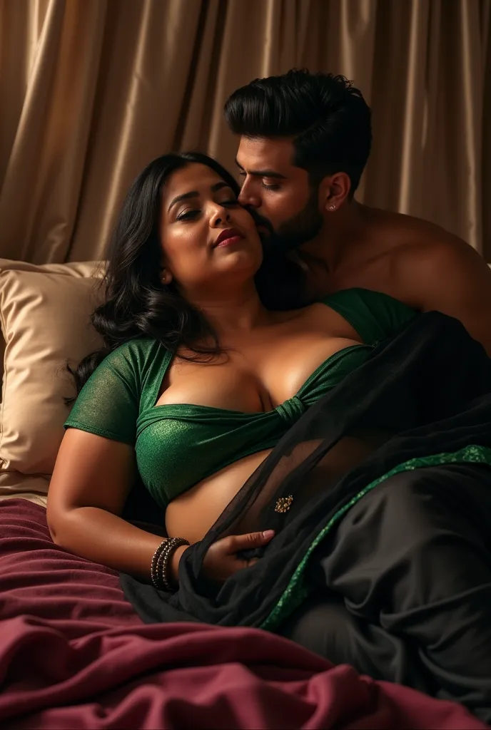 I am 40 year old tall giant plus size beautiful chubby fat indian women wearing shining transparent black silk saree and green silk blouse,giant ass, huge ass,big ass, huge breast, seducing lying on a bed with king size satin bedding and blanket in maroon ...