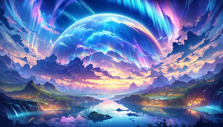 paradise, colorful,A dreamy fantasy landscape,Extremely Coloured Scenery, cloud, light piercing through the cloud,Spectacular and majestic views, shot with a fisheye lens , Large planets and auroras are visible in the sky,Multiple beautiful waterfalls,Wate...
