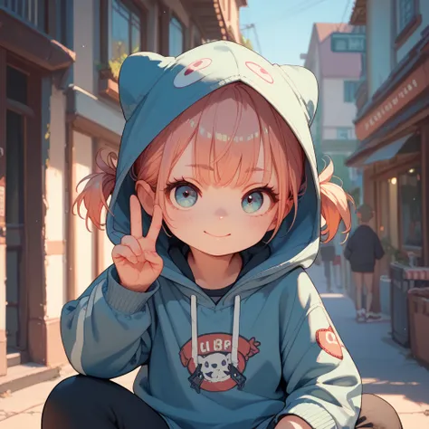  1 girl,  Shortcut,   hoodie, hood ,  twin tails,sit, peace sign,  top quality,  High Details,  very detailed, 