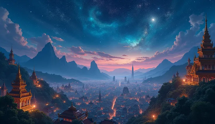 The night sky and below is a Thai-style city. It is a fantasy style image. It is a side view.