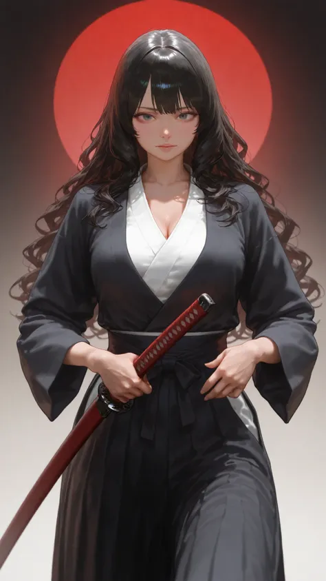 (best quality, photorealistic, highly detailed:1.2), a cute horror hiphop samurai, long wavy hair, gorgeous eyes, katana, red elements, elaborate details, photorealistic, perfect slim fit hyperfeminine body type, bigtits