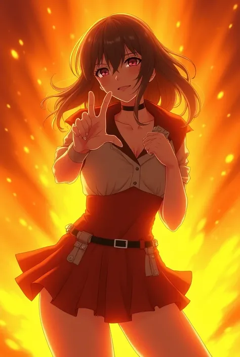 "A beautiful anime-style woman confidently standing in a bright orange-lit environment, challenging someone with a bold expression. She is pointing her finger directly at her opponent with one hand, while her other hand rests confidently on her chest. Her ...