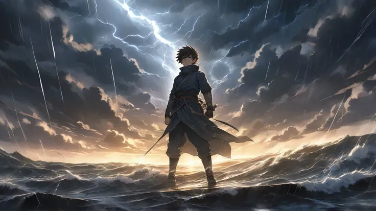 An anime-style illustration featuring a determined young protagonist standing against a stormy, dark sky, symbolizing resilience and perseverance. The character has a fierce, unwavering expression, with winds blowing against them but refusing to back down....