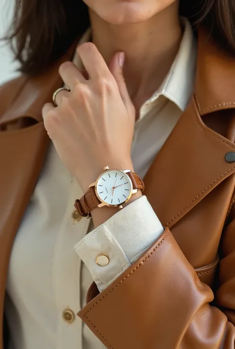 A young woman, light-skinned, is wearing a wristwatch.  She is positioned slightly off-center, in the right-middle section of the image, and is seen from the elbow down.  The woman is wearing a light-cream colored, long-sleeved button-up top underneath a l...