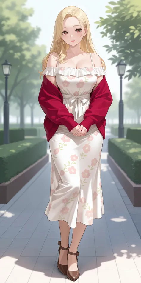 An extremely beautiful woman with blonde hair. She has extremely fair white natural skin, red plump lips, brown eyes, and a slim yet curvy body. She's wearing a long white floral dress with spaghetti straps, a pink front-open sweater worn in an off-shoulde...