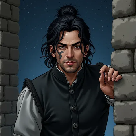 Realistic image of an adult guy with medium black hair, tied in a bun . small beard . Crow scar on face.  brown eyes . He is wearing a black leather vest , the chest is fully buttoned.  He looks out from behind the stone wall as if it were medieval. starry...