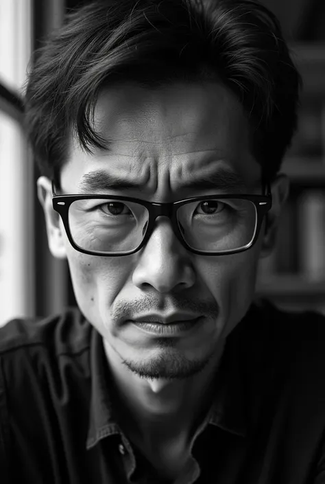 Black and white close up photo of an asian man in early 30s with glasses realistic