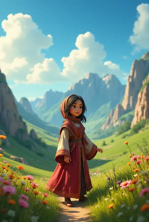 A 3d render of a disney pixar movie poster with kurdistan, a kurdish woman in nature