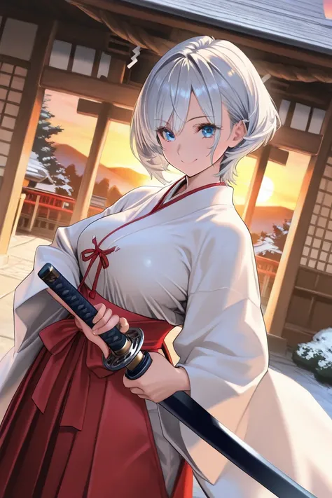 masterpiece, best quality, ultra detailed 8k, (perfect fingers, perfect hands), dynamic angle,
( Silver Haired Elves ),  ( fluffy shortcut hair),,  blue eyes,, smile, voluptuous,
(holding a Japanese sword, katana),
break
( Shrine maiden),
at the Japanese s...